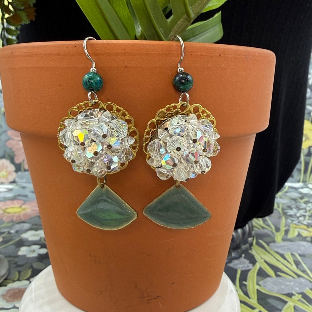 👑Adorned Crown Jewelry assemblage crystal on filigree green dangle earrings